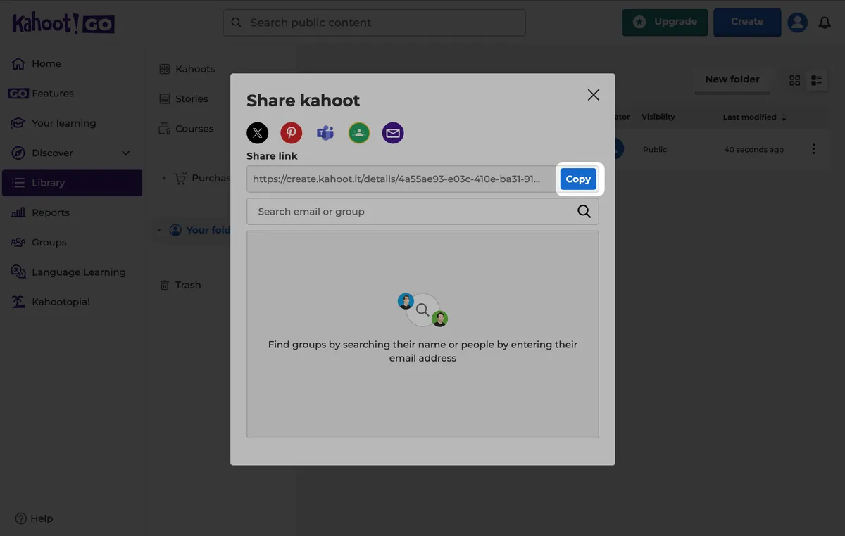 Диалог Share kahoot с кнопкой Copy — эту ссылку нужно вставить в импорт Quaize